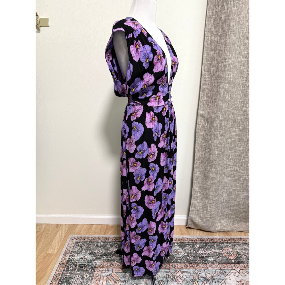 Ava Sky Hawaii Womens Floral Maxi Dress L Black Purple Deep V-Neck Front Slit - Picture 2 of 12